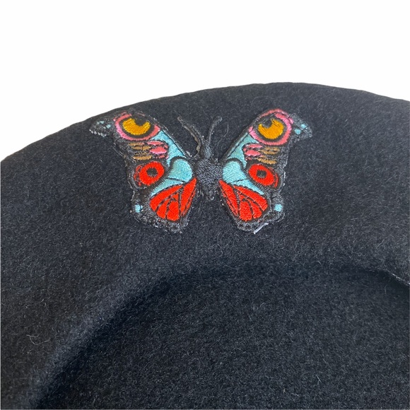 VHTF: Valfre ☻︎ Social Butterfly Embroidered Beret Hat ☻︎ Black Wool ☻︎ Colorful - Picture 9 of 17